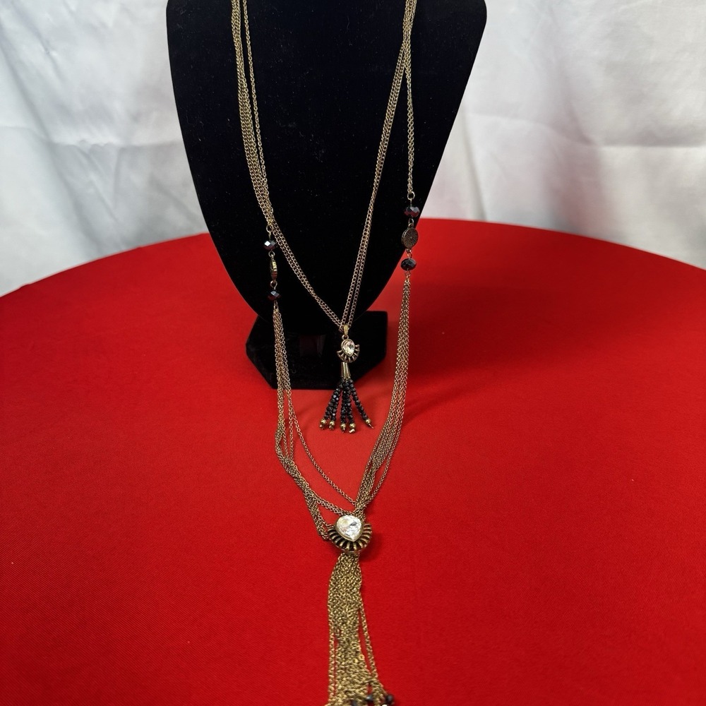 Gold Chain Tassel Bluish Crystal Long Necklace Modernist Boho Chic‎